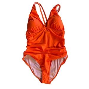 YOUIDAN plus size 2XL neon orange double strap ruched front swimsuit NWT